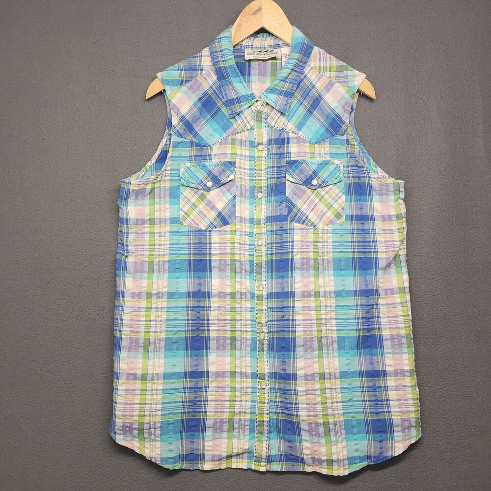 Back In The Saddle Womens Top XL Blue Plaid Sleeveless Western Pearl Snap Cotton